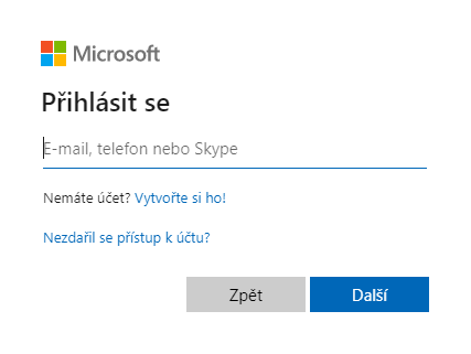 Přesměrování na stránku Microsoft