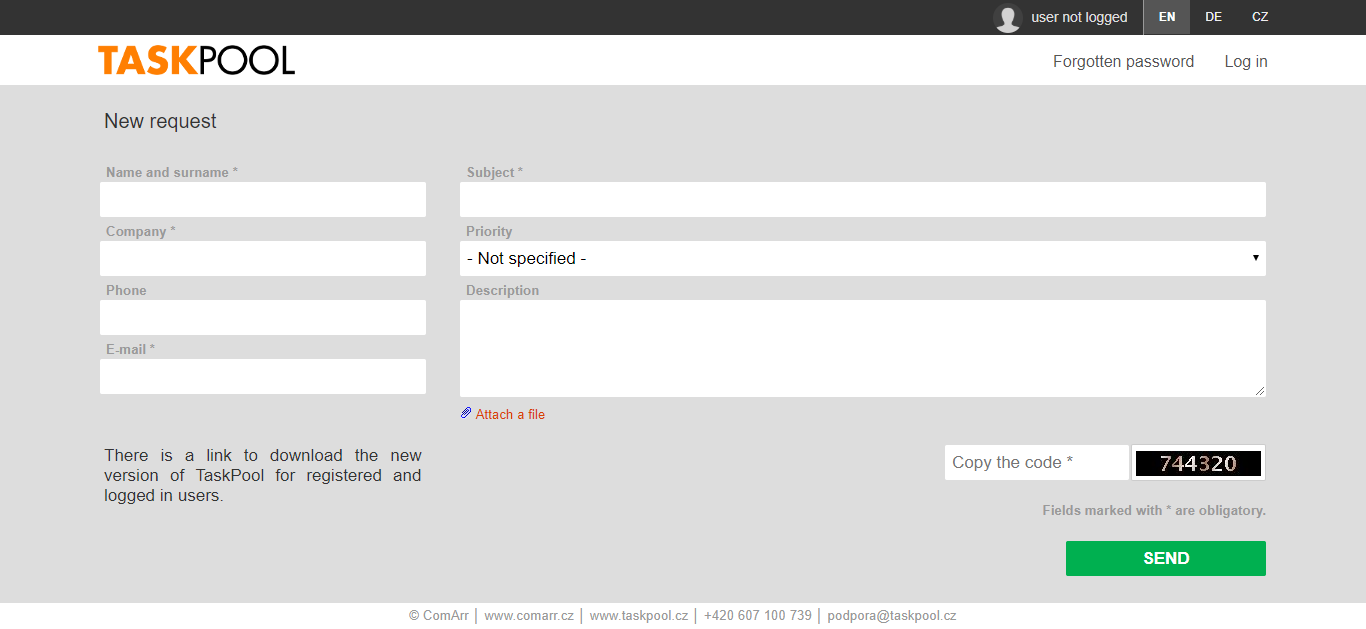 Example of helpdesk form without authentication