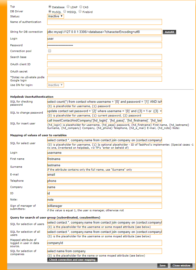 Authentication using the database