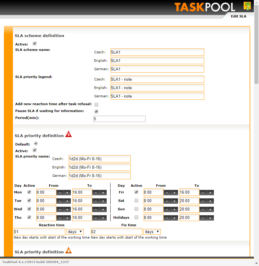 SLA time configuration