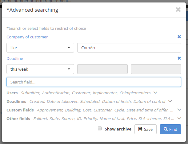 Advanced search: parameter definition